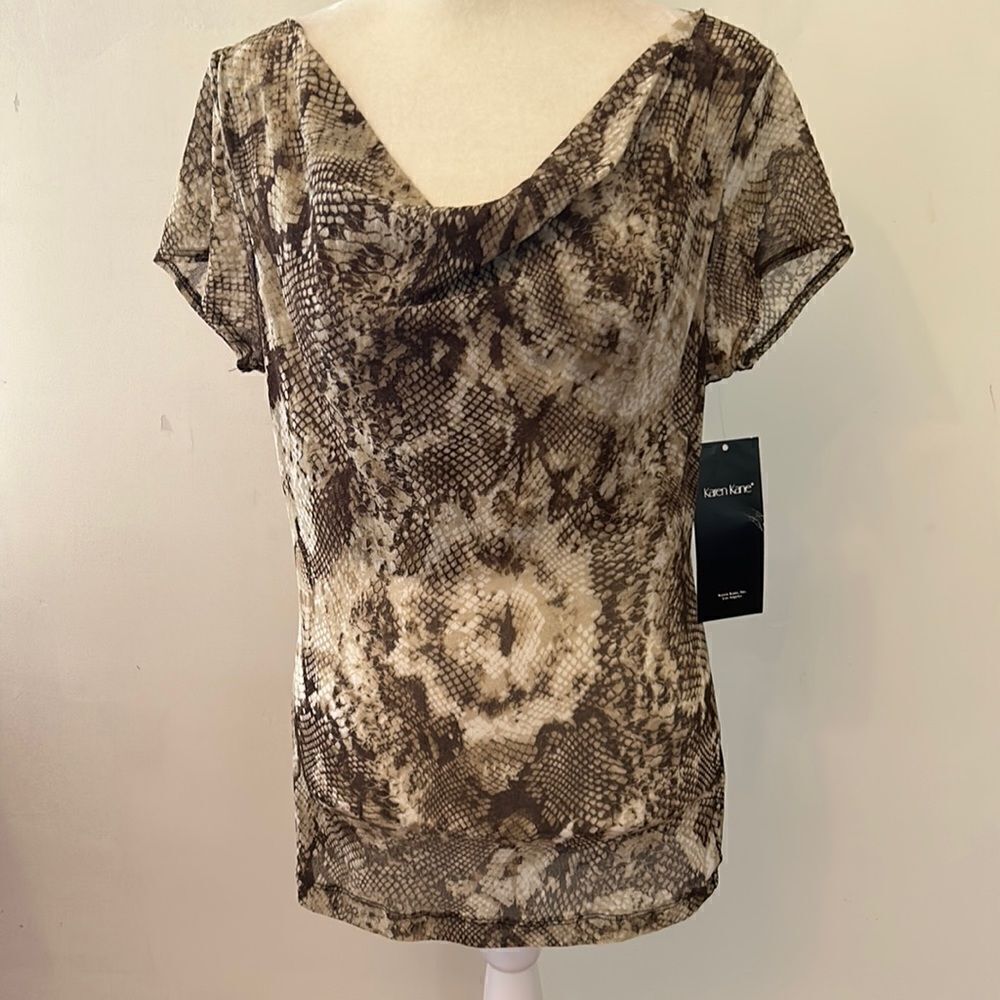 Karen Kane cap sleeve cowl neck snakeskin print blouse Size L New